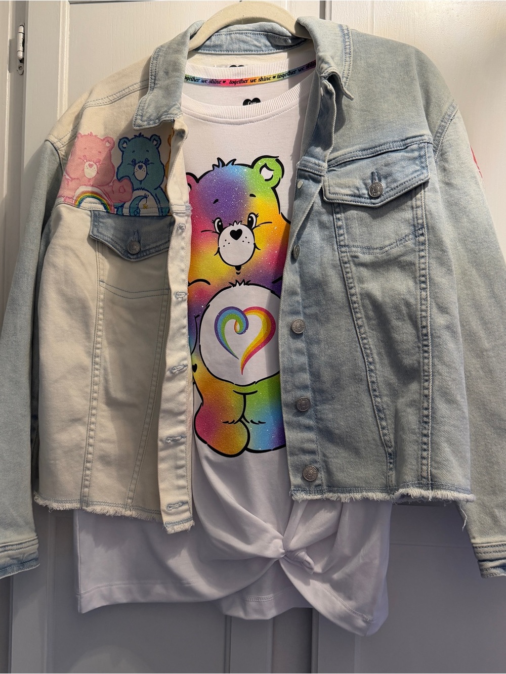 Justice White Tee with Rainbow Gradient Care Bear Graphic & Matching Jean Jacket